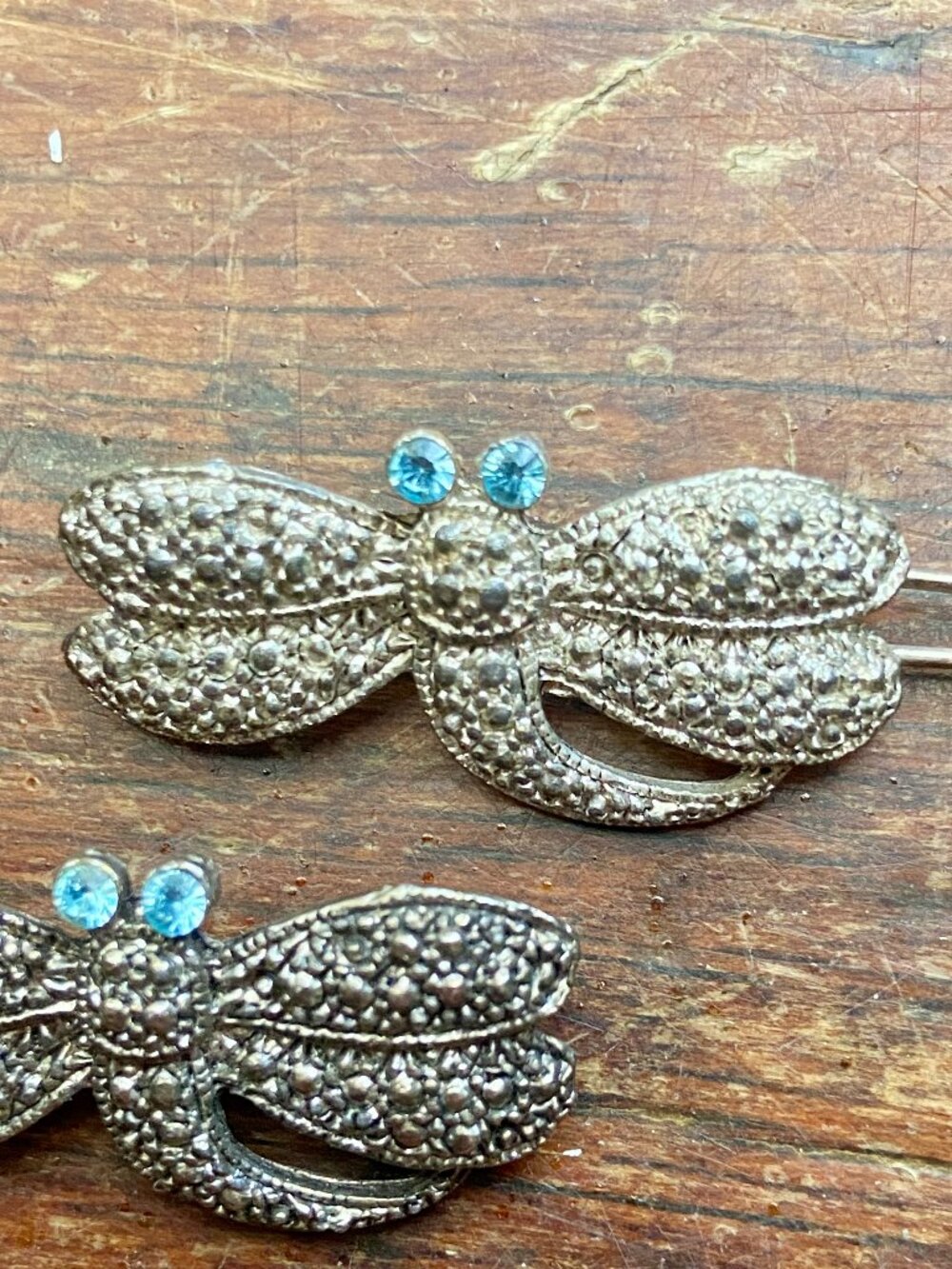 Dragonfly Vintage Hair Clip Blue Rhinestone Marcasite Barrette Silver PAIR Y2K